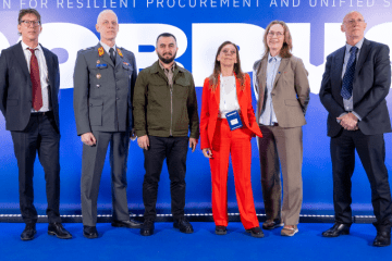 Ukraine’s Defense Procurement Agency (DOT) Director Arsen Zhumadilov (center) and officials from 5 allied nations launch the CORPUS defense procurement coalition in Kyiv on April 30. (Source DOT)