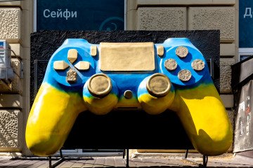 Blue and yellow giant Xbox controller is seen in the centre of a famous Black Sea resort of Odesa, Ukraine, on September 7, 2022.