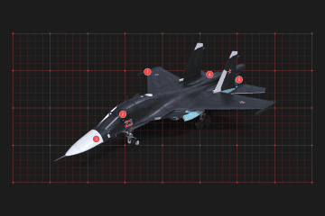 Infographic showing the Su-34 fighter-bomber with highlighted positions of key onboard systems and components. (Source: Oleksandr Manukians / UNITED24 Media)