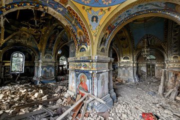 The interior of the Church of the Nativity of the Blessed Virgin Mary is being damaged by the Russian shelling in Novoekonomichne, Ukraine, on August 7, 2024. (Source: Getty Images)