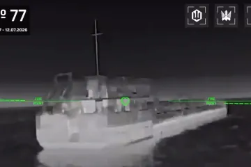 A Ukrainian drone targets a Russian vessel in the Sea of Azov during a nighttime operation in the week of July 6–12, 2026. (Source: Robert "Madyar" Brovdi / Unmanned Systems Forces)
