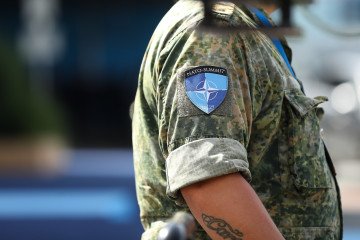 A soldier with a NATO patch stands during the NATO Summit at the World Forum in The Hague, Netherlands, on June 25, 2025. (Photo” Getty Images)
