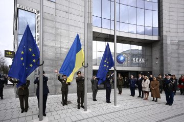 The Ukrainian flag is raised in Brussels, on February 23, 2026. The Ukrainian flag is raised in Brussels, on February 23, 2026.