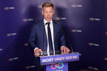 Peter Magyar, lead candidate of the Tisza party, speaks to supporters after polling stations closed during Hungarian parliamentary elections on April 12, 2026 in Budapest, Hungary. (Source: Getty Images)