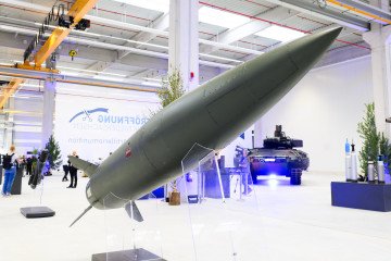 An ATACMS missile is displayed at Rheinmetall's new artillery production plant in Unterlüß, Germany, on August 27, 2025. (Source: Getty Images)
