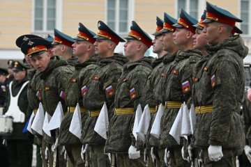 Troops attend a rehearsal for the Victory Day military parade at the Dvortsovaya Square in Saint Petersburg, Russia on April 23, 2026. Illustrative photo. (Source: Getty Images)