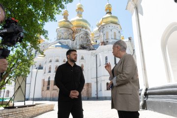 Ukrainian President Volodymyr Zelenskyy gives an interview in front of the damaged Kyiv-Pechersk Lavra, June 2026. Ukrainian President Volodymyr Zelenskyy gives an interview in front of the damaged Kyiv-Pechersk Lavra, June 2026.