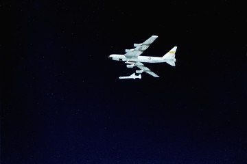 Illustrative image. View from below of Pegasus air-launch space booster launching from a NASA B-52 over Edwards Air Force Base, California, USA. (Source: Getty Images)