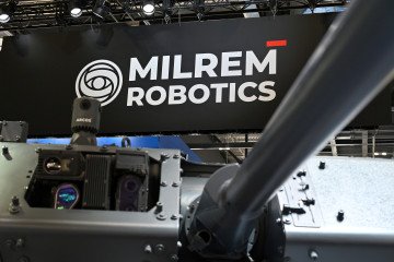 The Milrem Robotics company logo is displayed during the Security Equipment International at London Excel on September 10, 2025 in London, England. (Source: Getty Images)