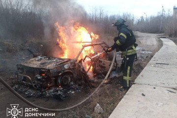 Russian Drone Hits Vehicle Carrying Power Plant Workers, Killing Three in Donetsk Region Flames engulf a destroyed vehicle as rescuers work at the scene of a Russian attack in the Donetsk region, on February 17, 2026. (Source: State Emergency Service of Ukraine)