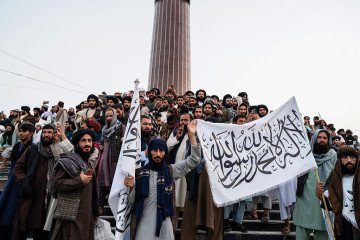 Taliban security personnel gathers at the Massoud square as they celebrate the fourth anniversary of their takeover of Afghanistan, in Kabul on August 15, 2025. (Source: Getty Images)