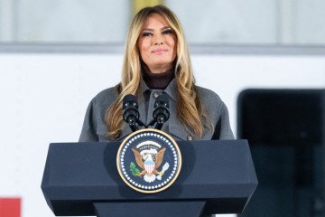 US First Lady Melania Trump speaks prior to making care packages for deployed members of the US military during an American Red Cross holiday in Maryland, December 1, 2025. (Source: Getty Images)