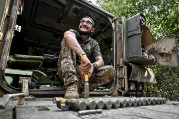 Gunner “Molfar,” a Bradley IFV crew member of the 47th Magura Mechanized Brigade is seen inside the vehicle, Zaporizhzhia direction, Ukaine. (Source: Getty Images)