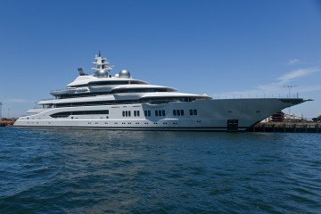 The Amadea superyacht, seized by the US from Russian oligarch Eduard Khudainatov, docked in San Diego Bay. (Source: Getty Images)