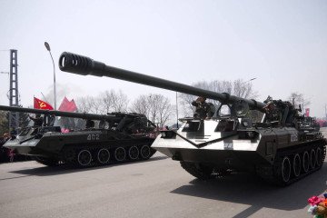 North Korean M-1989 Koksan 170-mm self-propelled artillery systems displayed during a military parade in Pyongyang. (Photo: Open source)