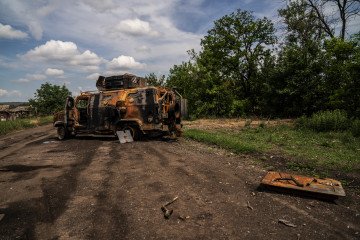 A Russian armored vehicle was destroyed near the town of Chasiv Yar, Donetsk region in Ukraine, June 09, 2024. (Source: Getty Images)