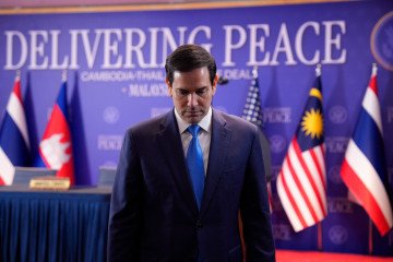 US Secretary of State Marco Rubio arrives at the Kuala Lumpur Convention Centre for a Cambodia–Thailand peace deal signing on October 26, 2025. (Source: Getty Images)