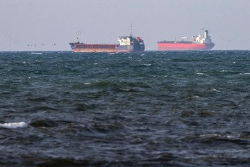 The boarded Russian shadow fleet ships Caffa (left) and Sea Owl I anchored side by side outside Trelleborg, Sweden on March 13, 2026. (Source: Getty Images)