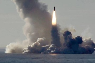 A Russian Bulava (R-30) submarine-launched ballistic missile is fired from a submerged strategic submarine.