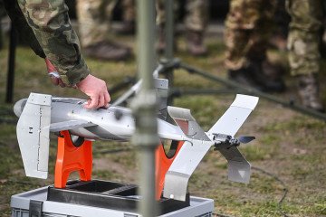 An AS3 interceptor part of the Merops, an AI-powered anti-drone system is pictured during a NATO live-fire demonstration of a counter-UAS system on November 18, 2025 in Nowa Deba, Poland. (Source: Getty Images)