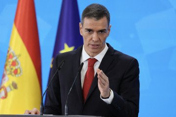 Spain’s Prime Minister Pedro Sanchez, during a press conference at the Moncloa Palace in Madrid. (Source: Getty Images)