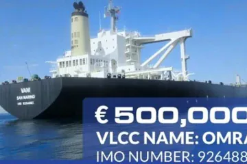 VLCC tanker OMRA (formerly Vani), shown at sea alongside a €500,000 reward notice seeking information about the vessel’s current location. (Photo: Open source) VLCC tanker OMRA (formerly Vani), shown at sea alongside a €500,000 reward notice seeking information about the vessel’s current location. (Photo: Open source)