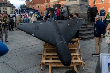 A HESA Shahed 136 one-way attack drone, also known by its Russian designation Geran-2, is displayed during celebrations marking the 35th anniversary of Ukraine’s independence in Warsaw, Poland, on August 24, 2026. (Source: Getty Images)