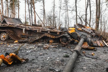 Broken tanks and combat vehicles of the Russian army, seen near the village of Dmytrivka, Ukraine. (Source: Getty Images)