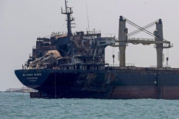 The stranded bulk carrier Mayuree Naree off Iran’s Qeshm Island near the Strait of Hormuz, where disrupted shipping has contributed to the global diesel supply squeeze. (Source: Getty Images)