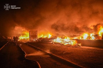Firefighters work at the site of a blaze following a Russian attack in Ukraine’s Odesa region on September 29, 2026.