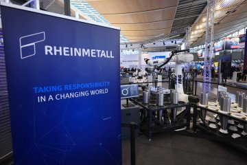 The Rheinmetall logo on display at the IBG booth at the Hannover Messe 2026 trade fair. (Source: Getty Images)