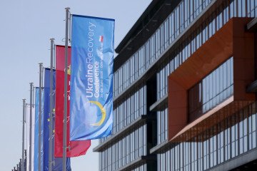 The flag for the Ukraine Recovery Conference (URC 2026) is seen in front of the Amberexpo venue in Gdansk, Poland, on June 25, 2026. (Source: Getty Images)