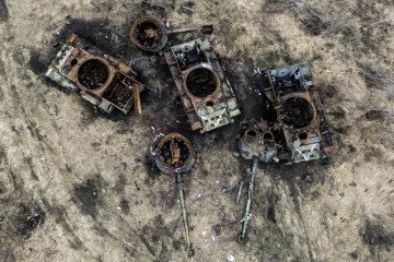 Destroyed Russian tanks are lying in a field near the village of Bohorodychne in the Donetsk region, Ukraine, on February 13, 2024. (Source: Getty Images)