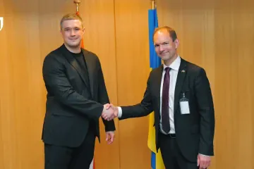 Ukraine’s Defense Minister Mykhailo Fedorov and Denmark’s Defense Minister Jepppe Bruus during a meeting in Brussels. (Source: Ukrainian Ministry of Defense)