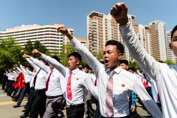 Illustrative image. Students participate in a commemorative march near the Arch of Triumph in Pyongyang on April 25, 2025. (Source: Getty Images)