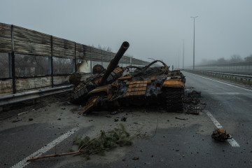Burned Russian military vehicles lie abandoned on a road in Makariv, Kyiv region, on April 1, 2022. (Source: Getty Images) Burned Russian military vehicles lie abandoned on a road in Makariv, Kyiv region, on April 1, 2022. (Source: Getty Images)