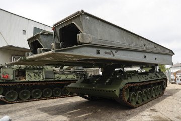 A Bridge tank Biber is seen at FFG Flensburger Fahrzeugbau Gesellschaft during a visit of NATO Secretary General Jens Stoltenberg and German Defense Minister Boris Pistorius on June 20, 2023, in Flensburg, Germany. (Source: Getty Images)