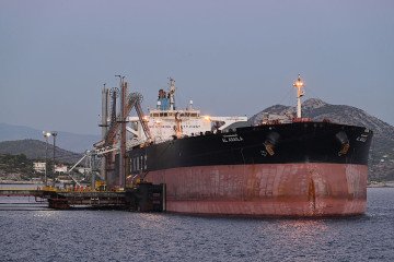 The oil tanker AL AGAILA unloads crude at the HELLENiQ Energy terminal in Pachi near Athens, Greece, on September 11, 2026, after departing the CPC terminal near Novorossiysk in Russia. (Source: Getty Images)