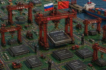 A conceptual illustration depicts a miniature industrial landscape where Russian and Chinese flags fly over a logistical hub designed as a circuit board. (Source: Dallas)