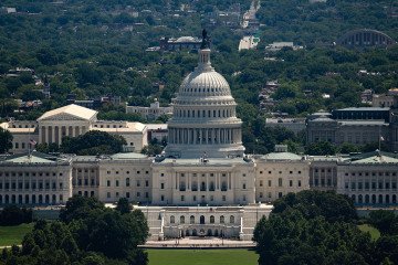 The US Capitol building is seen from the Washington Monument observation deck on the National Mall in Washington, DC on July 23, 2026. (Source: Getty Images)