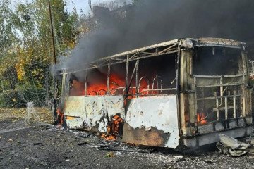 A civilian bus burns following a Russian attack in the Donetsk region. The strikes killed at least 14 people and injured 19 others, according to regional authorities. (Source: Head of the Donetsk Regional State Administration, Vadym Filashkin) A civilian bus burns following a Russian attack in the Donetsk region. The strikes killed at least 14 people and injured 19 others, according to regional authorities. (Source: Head of the Donetsk Regional State Administration, Vadym Filashkin)