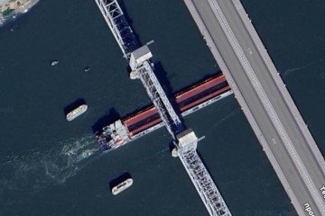 Satellite view of the railway drawbridge spanning the Don River in Rostov-on-Don, Russia, reportedly damaged by Ukrainian drones on October 10, 2026. (Source: OSINTtechnical/X)