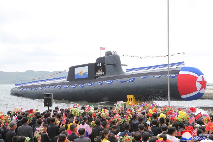 Launch ceremony of North Korea’s new submarine “Hero Kim Kun Ok.” (Source: Voice of Korea)