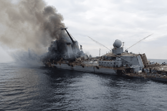 The Russian Black Sea Fleet flagship Moskva burns after being struck by Ukrainian Neptune anti-ship missiles in the Black Sea in April 2022. (Photo: Open source) The Russian Black Sea Fleet flagship Moskva burns after being struck by Ukrainian Neptune anti-ship missiles in the Black Sea in April 2022. (Photo: Open source)