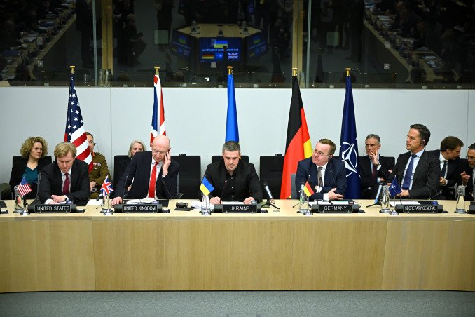 Elbridge A. Colby, US Under Secretary of War for Policy, John Healey, British Secretary of State for Defence, Ukrainian Defense Minister Mykhailo Fedorov, Boris Pistorius, and Mark Rutte, on February 12, 2026, in Brussels, Belgium. (Source: Getty Images)