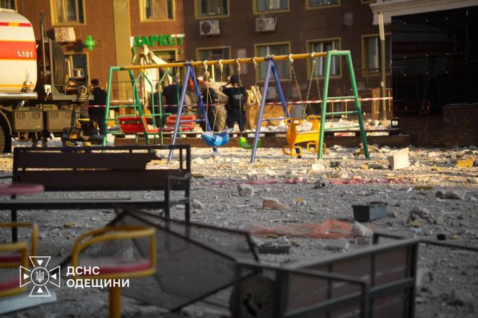 Debris covers a playground near a residential building damaged in a Russian attack on Odesa. (Source: State Emergency Service of Ukraine)