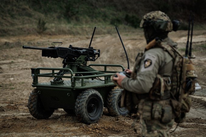 Ukrainian military of the 214th Separate Assault Battalion OPFOR controls the Ukrainian unmanned ground vehicle platform Rys Pro equipped with a remote-controlled machine-gun turret during training on April 18, 2025, in Unspecified, Ukraine. Ukrainian military of the 214th Separate Assault Battalion OPFOR controls the Ukrainian unmanned ground vehicle platform Rys Pro equipped with a remote-controlled machine-gun turret during training on April 18, 2025, in Unspecified, Ukraine.