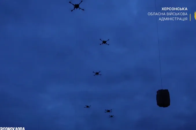 Food supplies delivered by Ukrainian drones to residents of temporarily occupied Oleshky. (Source: Kherson Regional Military Administration) Food supplies delivered by Ukrainian drones to residents of temporarily occupied Oleshky. (Source: Kherson Regional Military Administration)