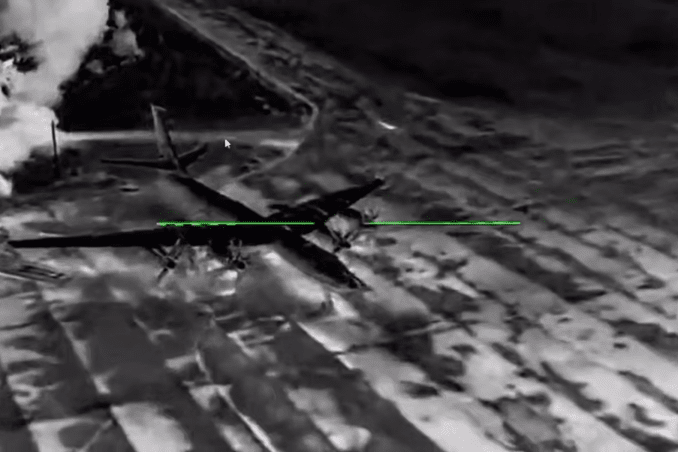 A Russian Tu-142 maritime patrol aircraft moments before being struck by a Ukrainian drone near Taganrog, Russia, on May 30, 2026. (Source: Madyar)