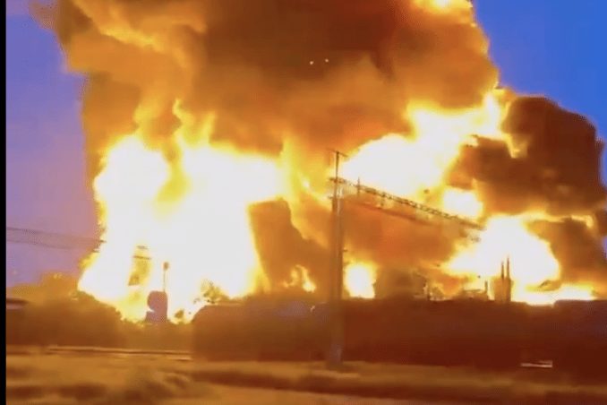 A massive fire burns at a Russian fuel storage facility following a Ukrainian drone strike, June 6, 2026. (Source: Volodymyr Zelenskyy/Telegram)